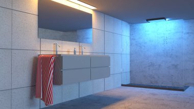 Ayrıntılı bir banyo, ayna lavabo ve duş. Modern banyo ve rahatlatıcı ışıklar. 3D render