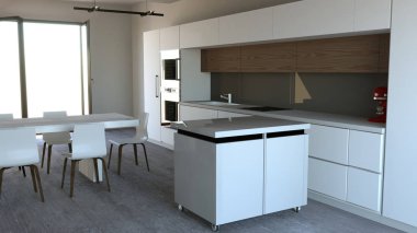 Mutfak mobilya, iç dekorasyon. Mobilya ve mutfak aletleri. 3D render