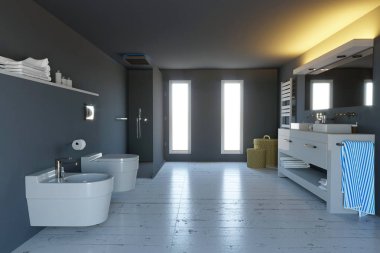 Modern banyo, sıhhi bağlantı parçaları, duş ve mobilya aksesuarları ile tamamlandı. 3D render