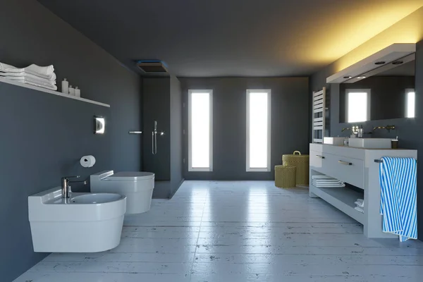 Modern Bathroom Complete Sanitary Fittings Shower Furnishing Accessories Rendering — Stockfoto
