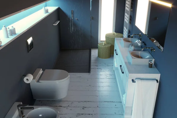 Modern Bathroom Complete Sanitary Fittings Shower Furnishing Accessories Rendering — Stockfoto