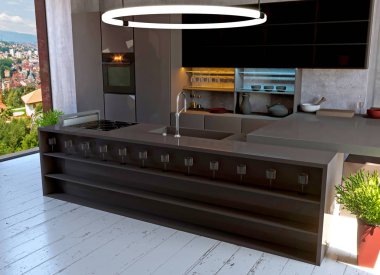 Mutfak mobilya, iç dekorasyon. Mobilya ve mutfak aletleri. 3D render