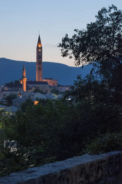 Bosnië 2018 Nacht Skyline Van Stad Mostar Oude Stad Vernoemd — Stockfoto