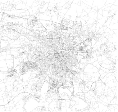 Leipzig haritası, uydu görüntüsü, siyah ve beyaz harita. Sokak dizin ve şehir haritası. Almanya