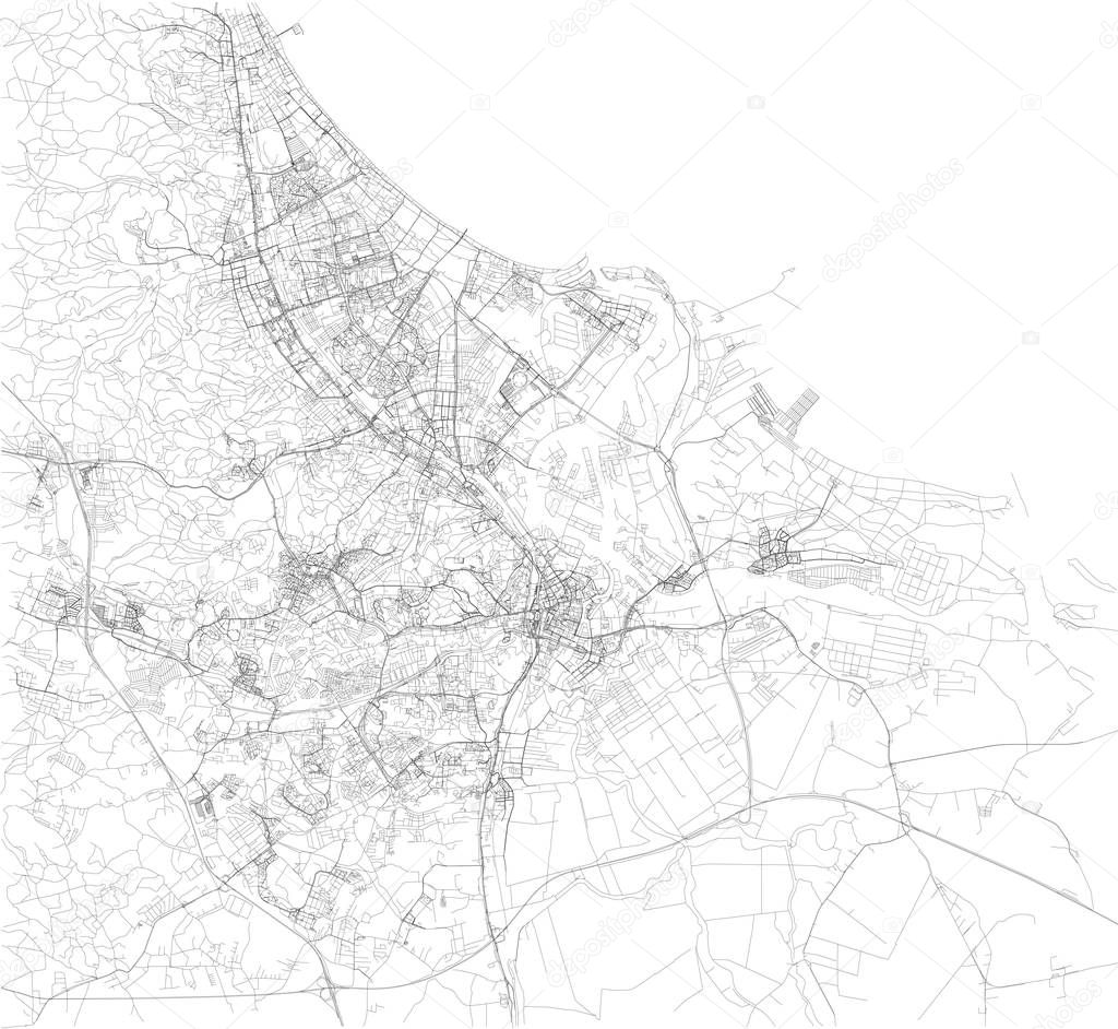 Map of Gdansk, satellite view, black and white map. Street directory and city map. Poland