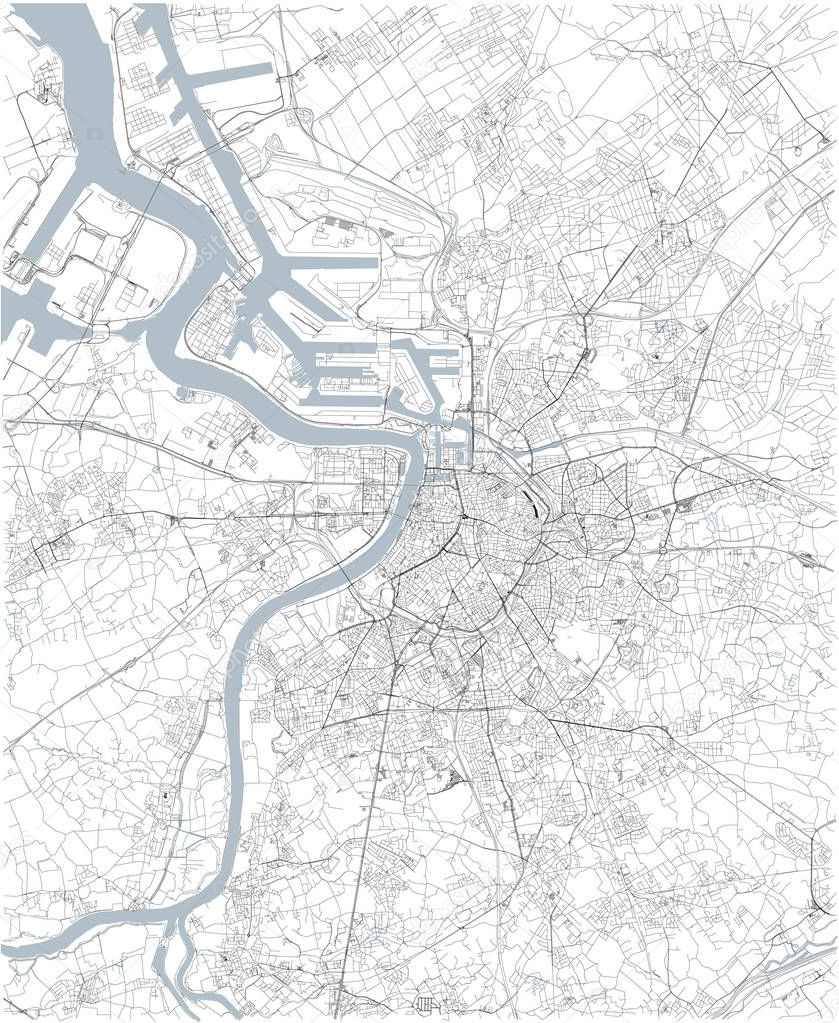 Map of Antwerp, satellite view, black and white map. Street directory and city map. Belgium