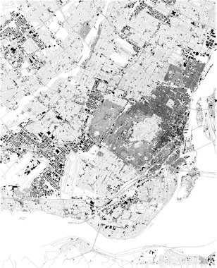 Montreal, uydu görüntüsü, siyah ve beyaz harita haritası. Sokak dizin ve şehir haritası. Kanada