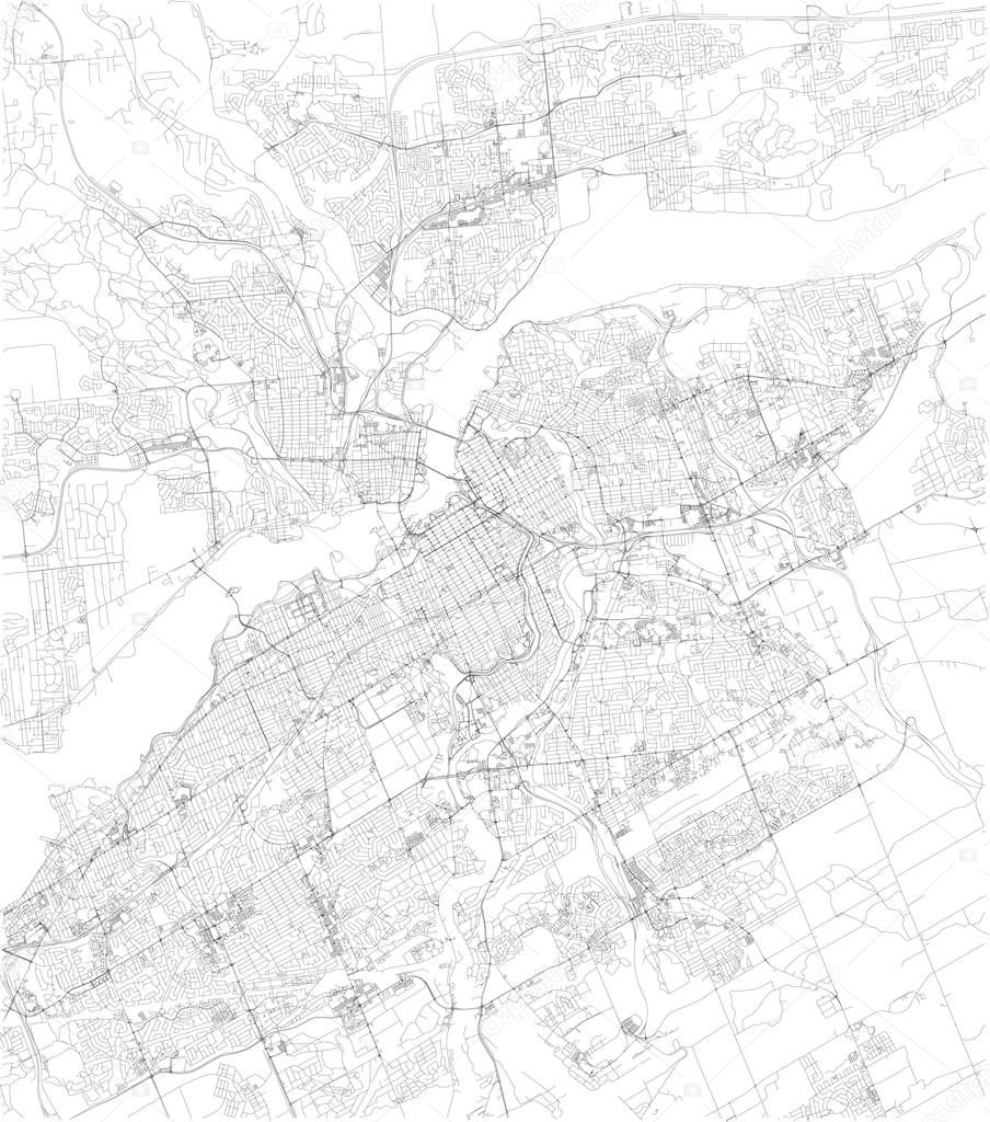 Map of Ottawa, satellite view, black and white map. Street directory and city map. Canada