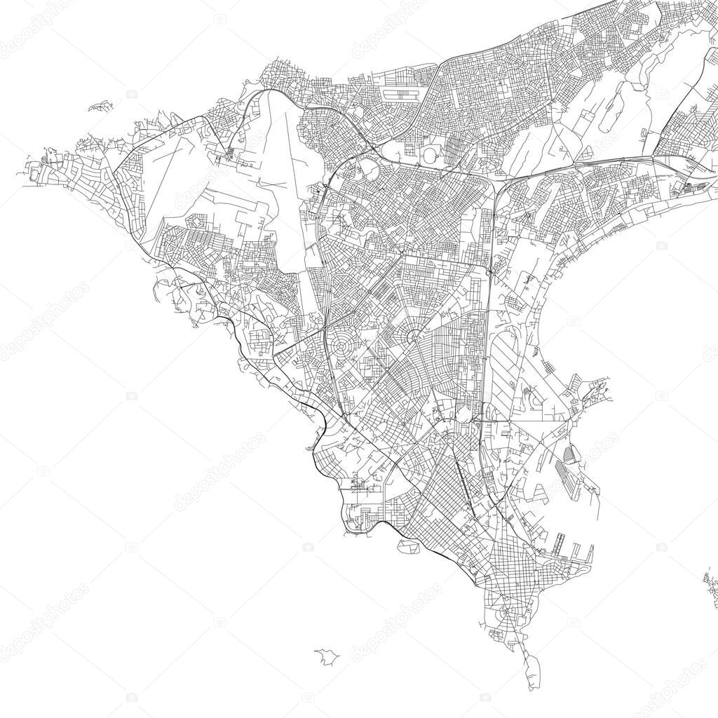 Map of Dakar, satellite view, black and white map. Street directory and city map. Senegal