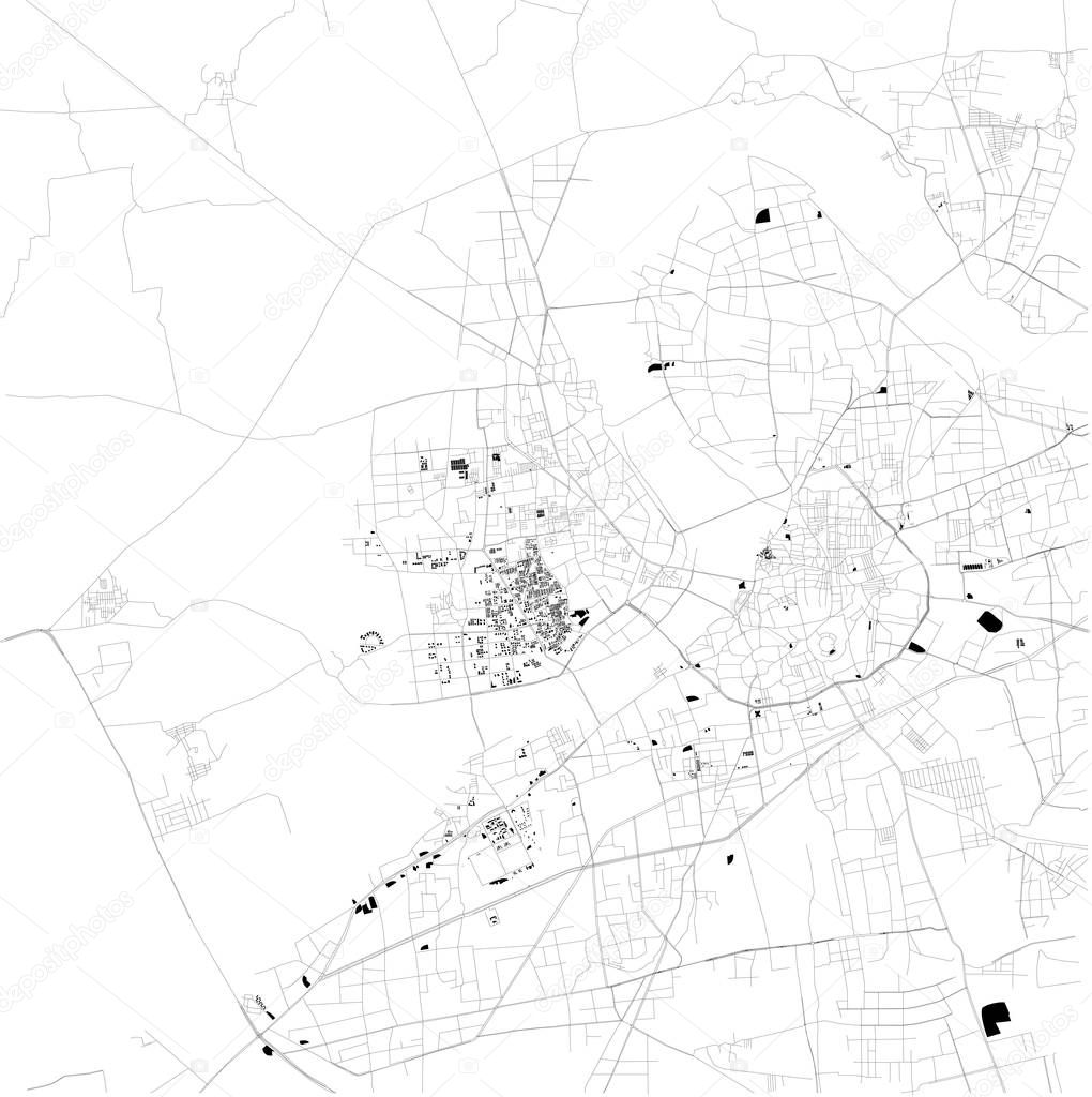 Map of Surat, Gujarat, satellite view, black and white map. Street directory and city map. India
