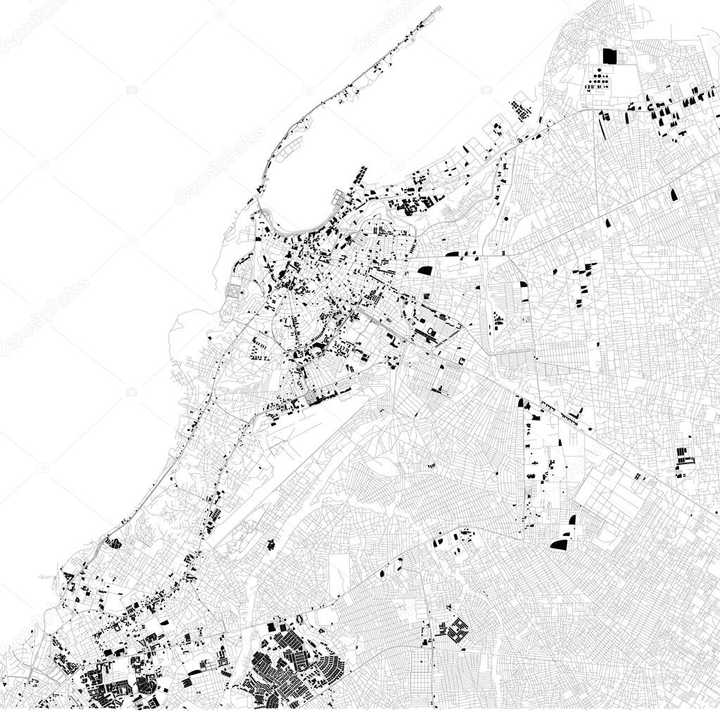 Map of Luanda, satellite view, black and white map. Street directory and city map. Africa