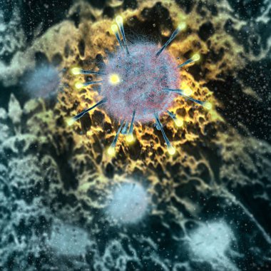 Virüs, mikro organizmalar, çoğaltma ve yayma. Bakteri ve mikroorganizmalar mikroskop altında görülen oluşumu. 3D render