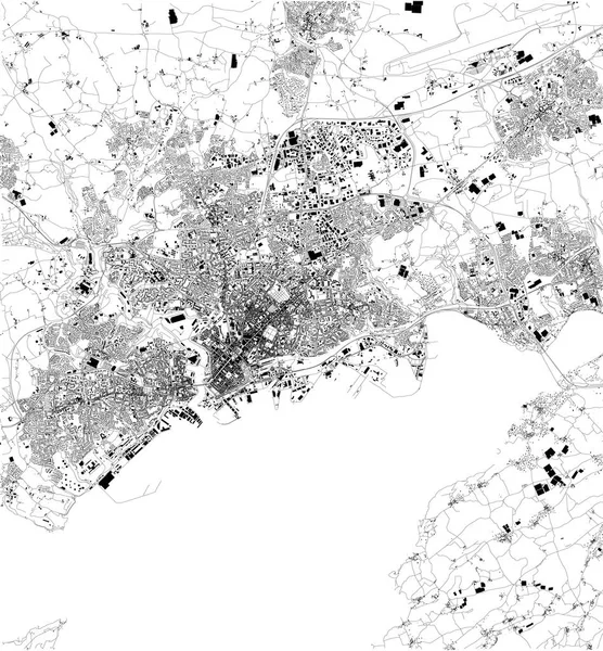 Mapa Brest Francia Vista Satélite Mapa Blanco Negro Callejero Mapa — Vector de stock