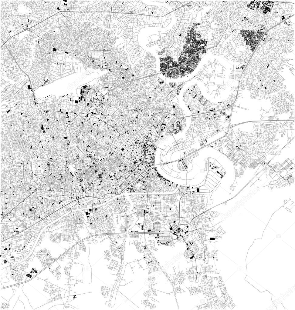 Satellite map of Ho Chi Minh, Vietnam, city streets. Street map, city center. Asia