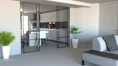 Sürgülü kapı, oturma odası ve mutfak bölümü, modern daire giriş, sanayi tarzı. 3D render