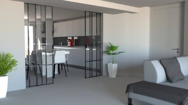Sürgülü kapı, oturma odası ve mutfak bölümü, modern daire giriş, sanayi tarzı. 3D render
