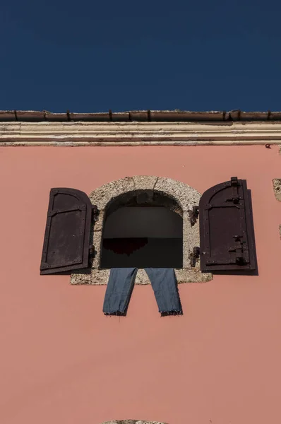 Bosnia 2018 Window Iron Shutters Pants Hanging Out Dry Old — Stock Photo, Image