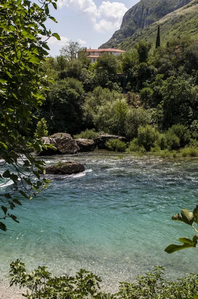 Mostar Bosnia Herzegovina 2018 Skyline Old City Seen Green Transparent — Stock Photo, Image