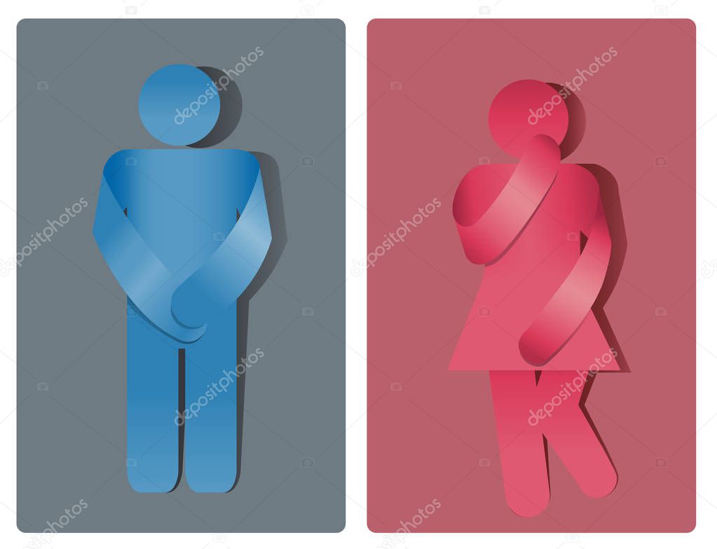 Toilet symbol, man and woman bathroom. Urinary incontinence
