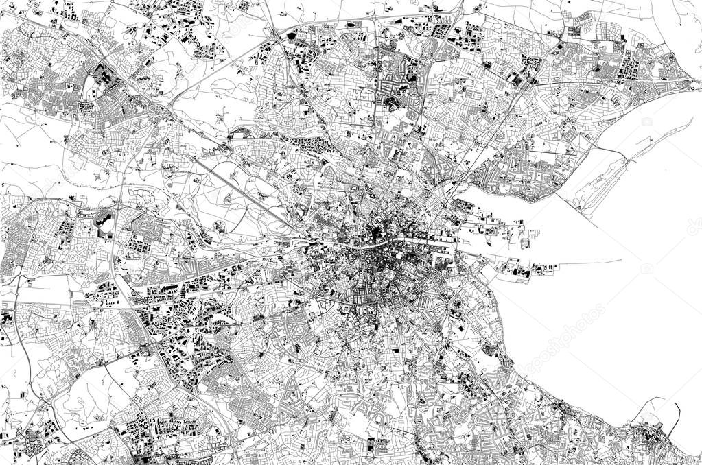Satellite map of Dublin, Ireland, city streets. Street map, city center