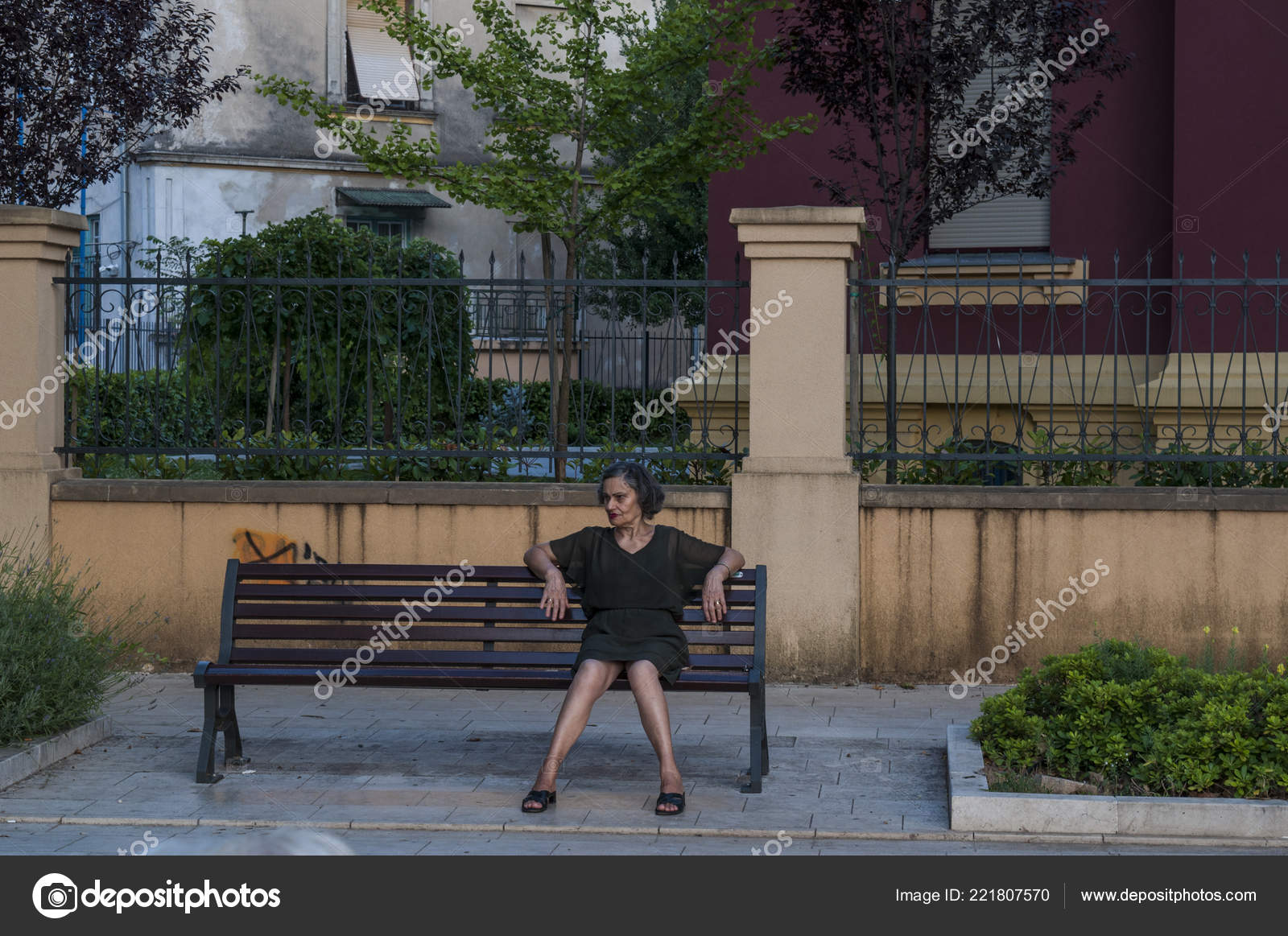 Bosnia 2018 Bosnian Woman Dressed Black Make Seating Bench