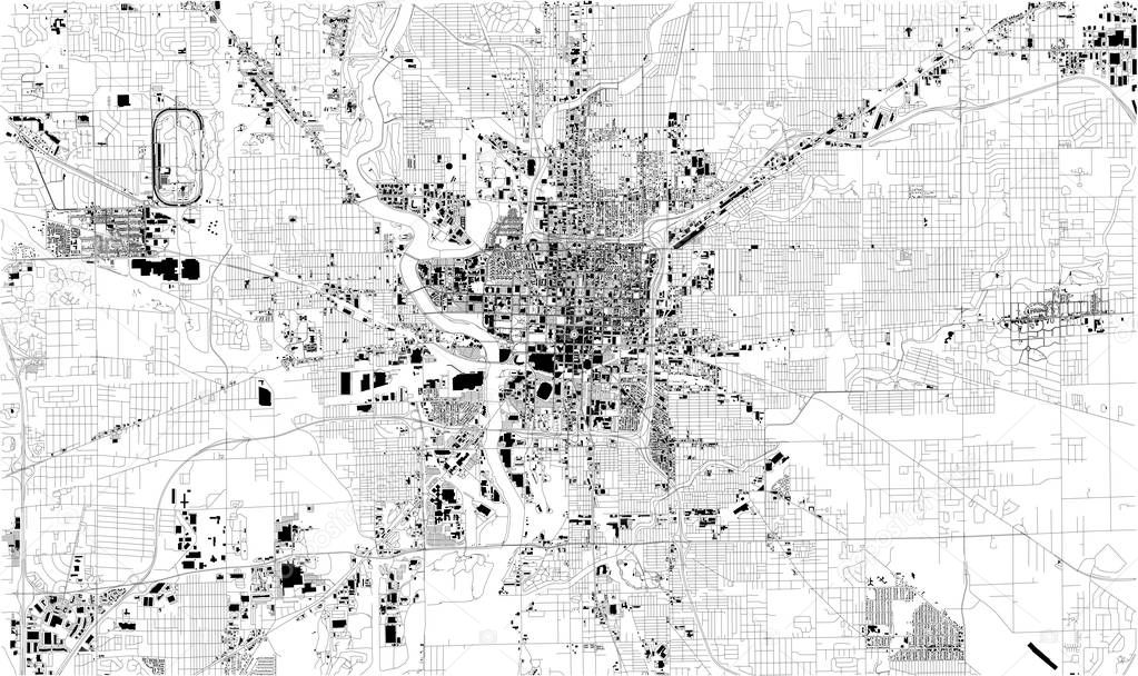 Satellite map of Indianapolis, Indiana, Usa, city streets. Street map and map of the city center