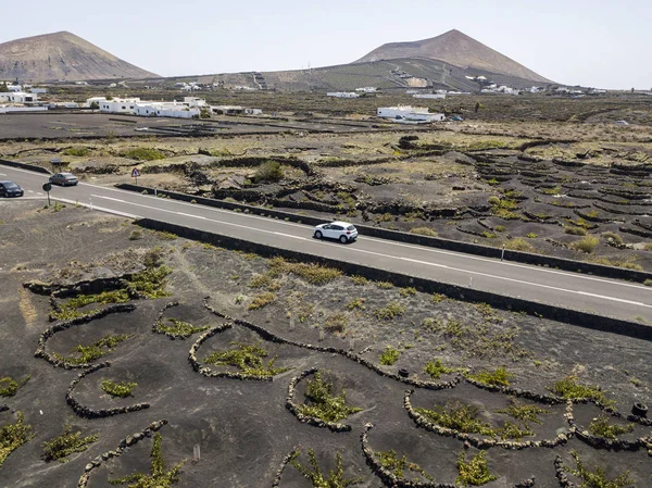 Aerial view of the wine cultivations on the volcanic soils of the island of Lanzarote, plains and hills in the hinterland, volcanoes on the horizon. Canary Islands, Spain. Wine production