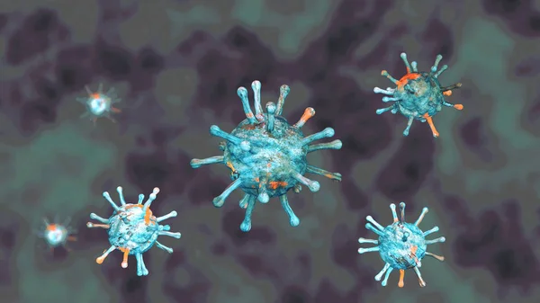 Viruses, micro organisms, duplication and propagation. Formation of bacteria and microorganisms seen under a microscope. 3d rendering