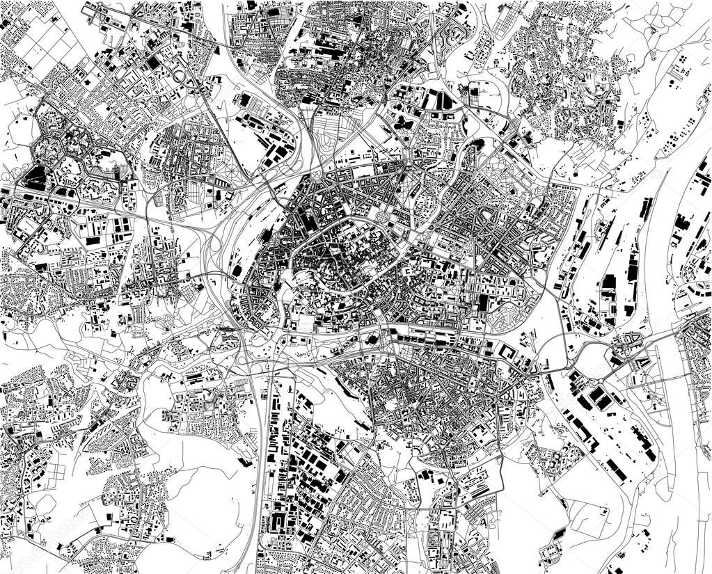 Satellite map of Strasbourg, France, city streets. Street map and map of the city center