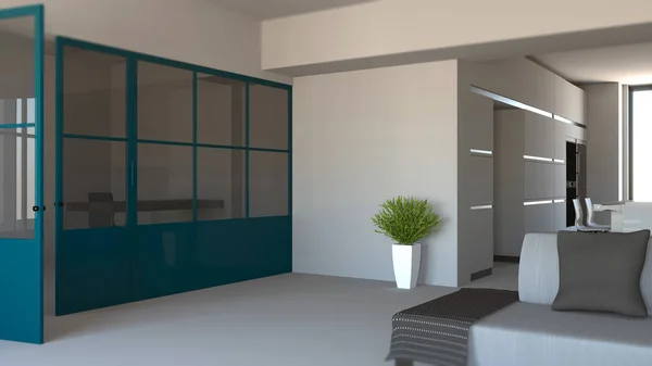 Стеклянная Стена Голубого Железа Стекла Гостиная Гостиная Кухня Современный Дизайн — стоковое фото