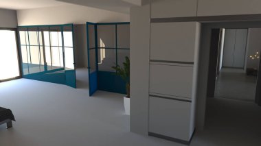 Cam duvar mavi, demir ve cam, oturma odası, yaşam alanı ve mutfak. Modern iç mekan tasarımları. 3D render. Açık alan