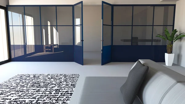 Glazen Wand Blauw Ijzer Glas Woonkamer Leefruimte Keuken Modern Interieur — Stockfoto
