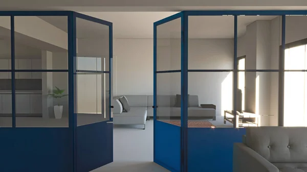 Стеклянная Стена Голубого Железа Стекла Гостиная Гостиная Кухня Современный Дизайн — стоковое фото