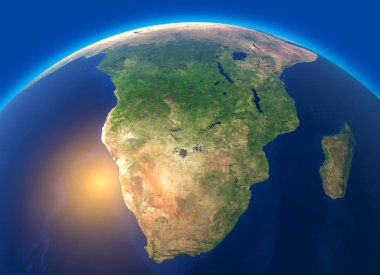 Dünyanın, Güney Afrika'nın uydu görüntüsü fiziksel harita. Küre. Yarımküre. Kabartmalar ve okyanuslar. 3D render. Bu görüntü unsuru Nasa tarafından döşenmiş