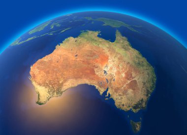 Dünya, Avustralya'nın uydu görüntüsü fiziksel haritası. Oceania. Küre. Yarımküre. Kabartmalar ve okyanuslar. 3D render. Bu görüntü unsurları Nasa tarafından döşenmiştir