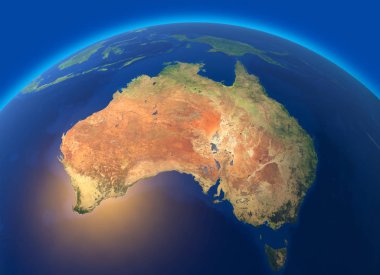 Physical map of the world, satellite view of Australia. Oceania. Globe. Hemisphere. Reliefs and oceans. 3d rendering. Elements of this image are furnished by NASA clipart