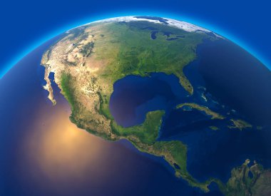 Dünya, Orta Amerika'nın uydu görüntüsü fiziksel haritası. Küre. Yarımküre. Kabartmalar ve okyanuslar. 3D render. Bu görüntü unsurları Nasa tarafından döşenmiştir