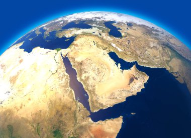 Dünya, Ortadoğu'nun uydu görüntüsü fiziksel haritası. Afrika, Asya. Küre. Yarımküre. Kabartmalar ve okyanuslar. 3D render. Bu görüntü unsurları Nasa tarafından döşenmiştir