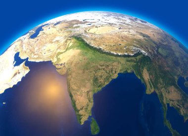 Fiziksel dünya, Hindistan uydu görünümü haritası. Asya. Küre. Yarımküre. Kabartmalar ve okyanuslar. 3D render. Bu görüntü unsurları Nasa tarafından döşenmiştir