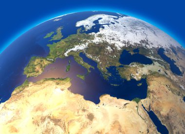 Dünya, Avrupa ve Kuzey Afrika'da fiziksel haritası. Küre. Yarımküre. Kabartmalar ve okyanuslar. 3D render. Bu görüntü unsuru Nasa tarafından döşenmiş