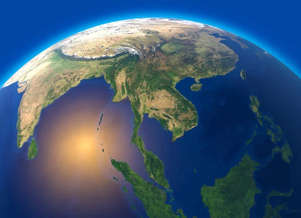 Physical map of the world, satellite view of  Southeast Asia. Globe. Hemisphere. Reliefs and oceans. 3d rendering. Element of this image are furnished by NASA
