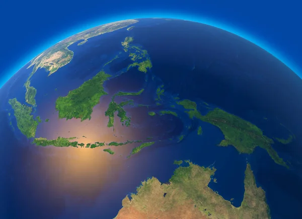 Physical map of the world, satellite view of  Southeast Asia, Indonesia. Globe. Hemisphere. Reliefs and oceans. 3d rendering. Element of this image are furnished by NASA