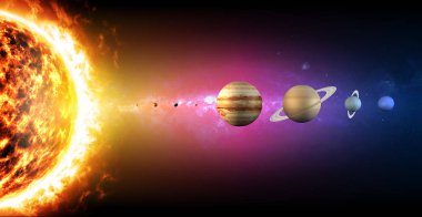 Güneş sistemi gezegenler çapı boyutları. Büyüklükleri sayısına oranı. Bu görüntü unsurları Nasa tarafından döşenmiştir. 3D render. Uzay ve evren