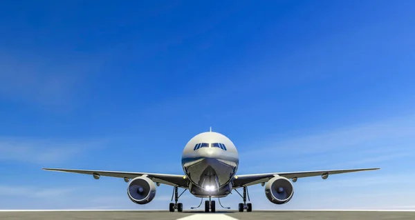 Flugzeug Auf Der Landebahn Eines Flughafens Startbahn Rollende Triebwerke Frontansicht — Stockfoto