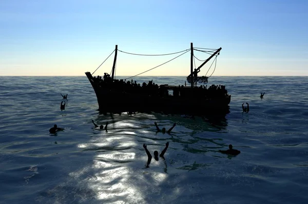 Refugees Boat Middle Sea Require Help Sea People Water Asking — Stock Photo, Image