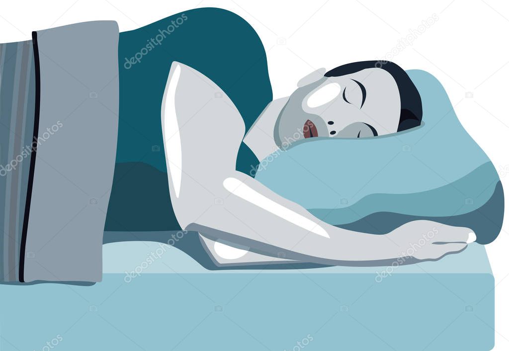 Man sleeping with head on pillow, bed and mattress. Sleep well. Rest. Sleeping on the left side is good for your health. The importance of sleep