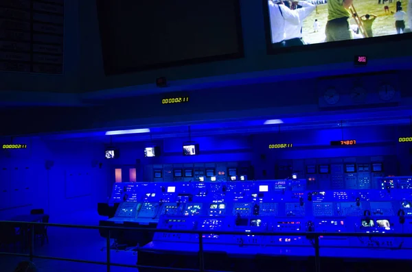 Command station for launching missiles. Space missions control center of NASA. John F. Kennedy Space Center. Workstations to monitor the proper functioning of the spacecraft. Countdown and screens connected to the launch pad. Florida, USA
