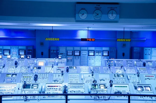 Command station for launching missiles. Space missions control center of NASA. John F. Kennedy Space Center. Workstations to monitor the proper functioning of the spacecraft. Countdown and screens connected to the launch pad. Florida, USA