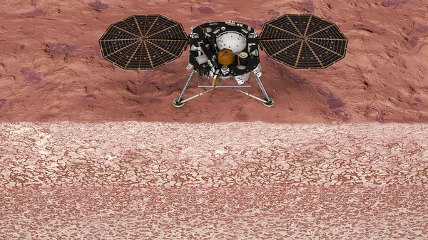 InSight on Mars, space mission for the exploration of the planet. Cutaway of the Martian soil. The lander landed on the surface of Mars, in the volcanic region of Elysium Planitia. Elements of this image are furnished by NASA. 3d rendering