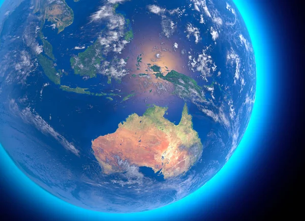 Physical map of the world, satellite view of Australia. Oceania. Globe. Hemisphere. Reliefs and oceans. 3d rendering. Elements of this image are furnished by NASA